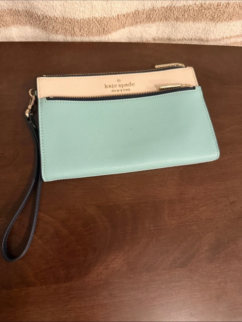 kate spade Mint and Cream Leather Zip Wristlet